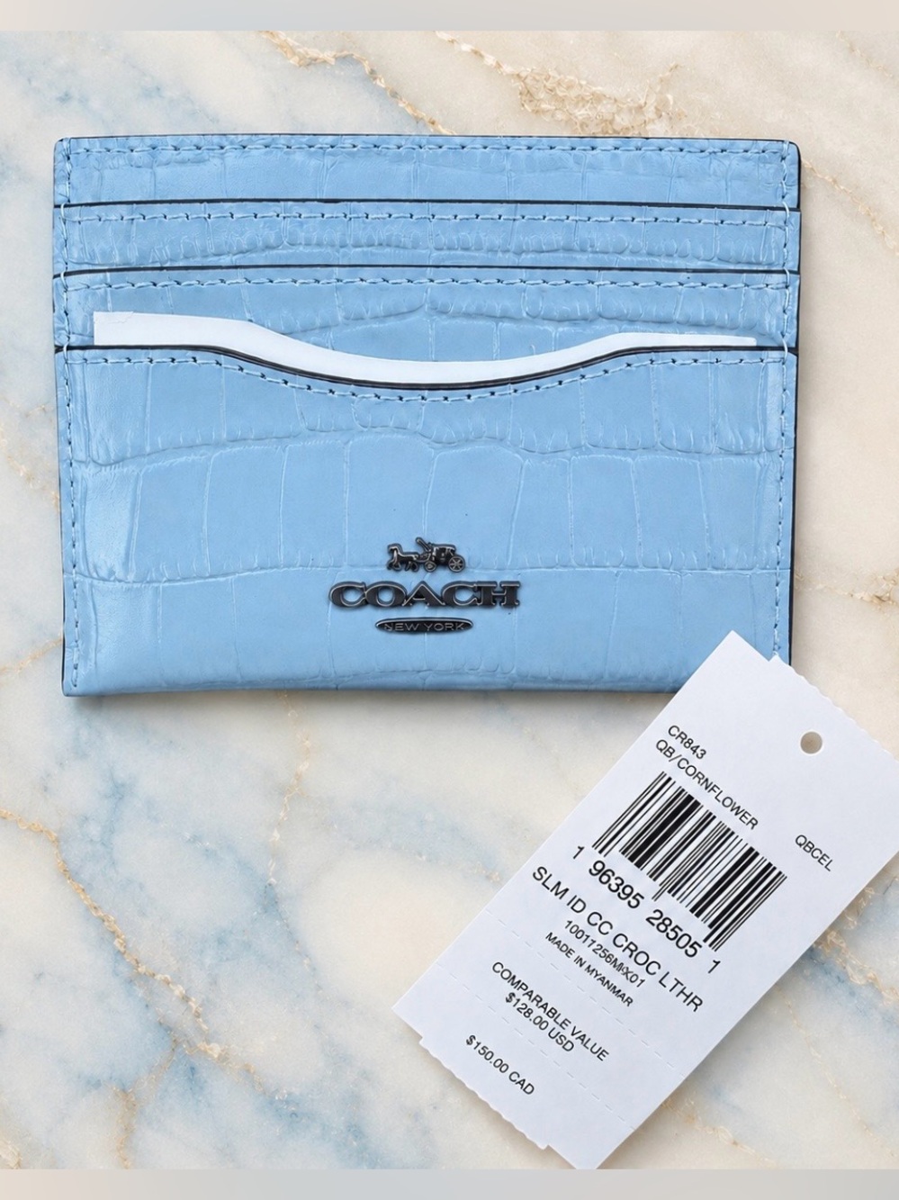COACH Light Blue / Cornflower Croc-Embossed Leather Slim Id Card Case NWT
